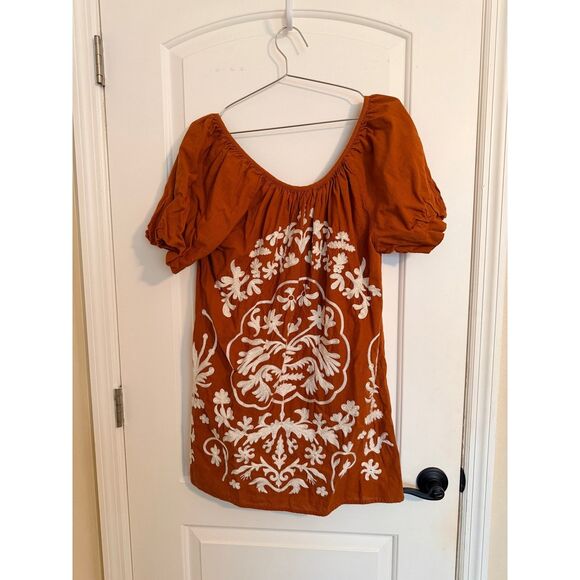 Free People Mini Dress Women Size M Rust Embroidered Puff Sleeve Open Back Boho - Picture 4 of 8